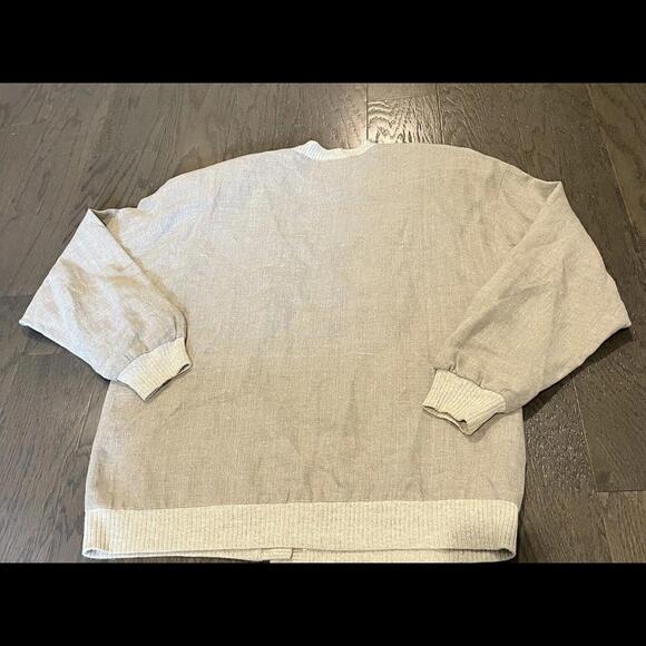 Vintage 80s 90s Beige Linen Campus Cardigan Jacket  Minimalist Earthtone Grandpa - Picture 9 of 9